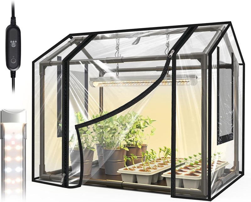 Bstrip Indoor Greenhouse with Grow Light, Mini PVC Tent with PE Base Mat, Ventilation Windows & Zippered Door, 18W Tabletop Greenhouse Light for Seed Starting with Timer, 23.8" x 15.7" x 20.5" - Image 1